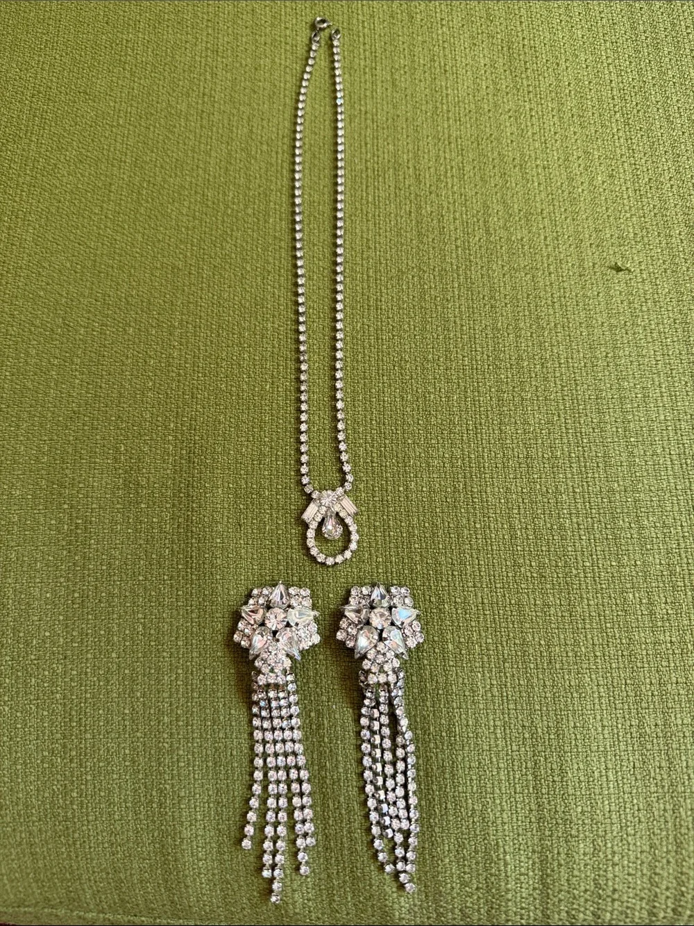 Crystal Drop Necklace and Tassel Earrings Set - Silver Tone